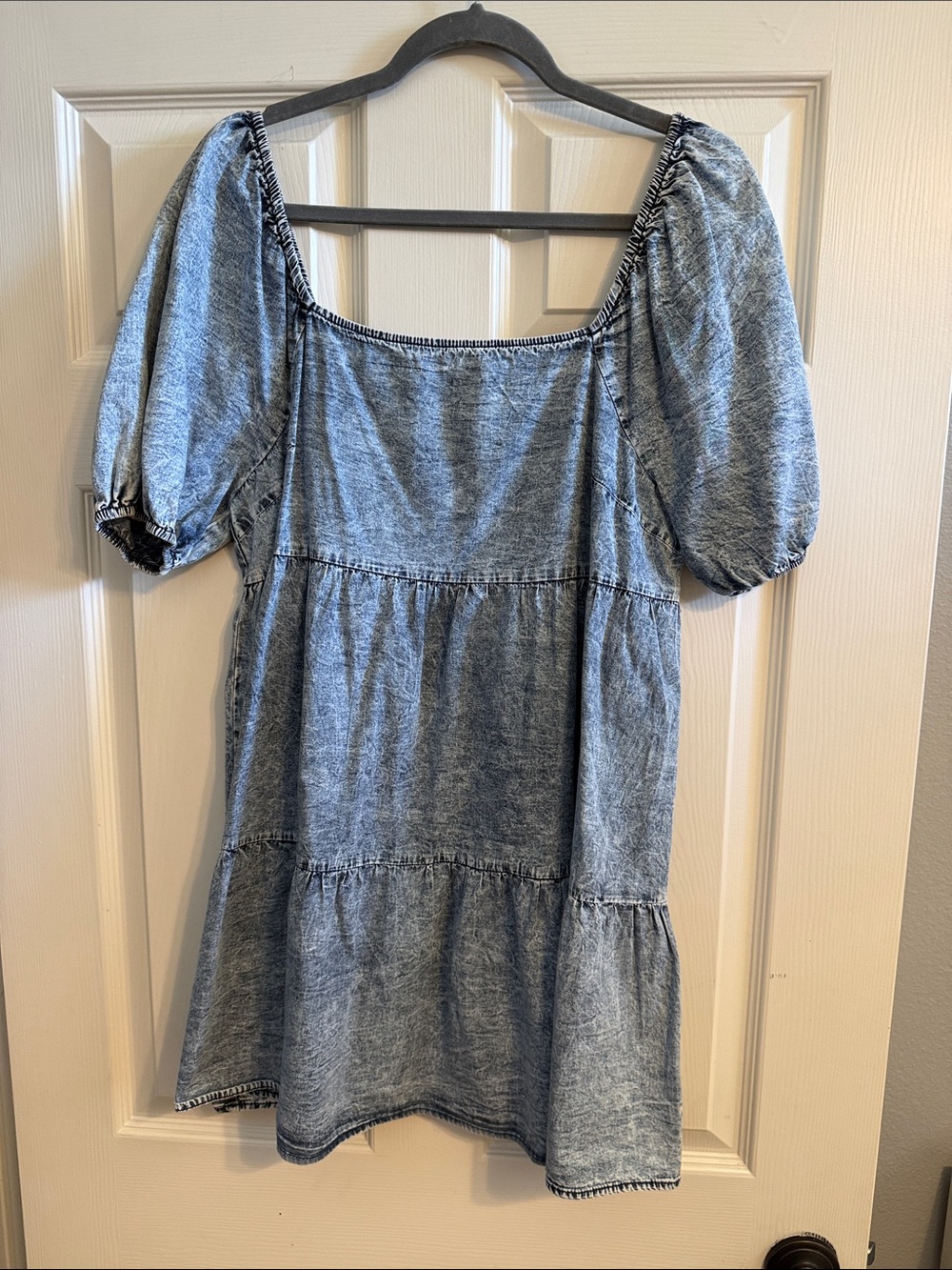 Flying Tomato Washed Light Blue Denim-Effect Puff Sleeve Tunic